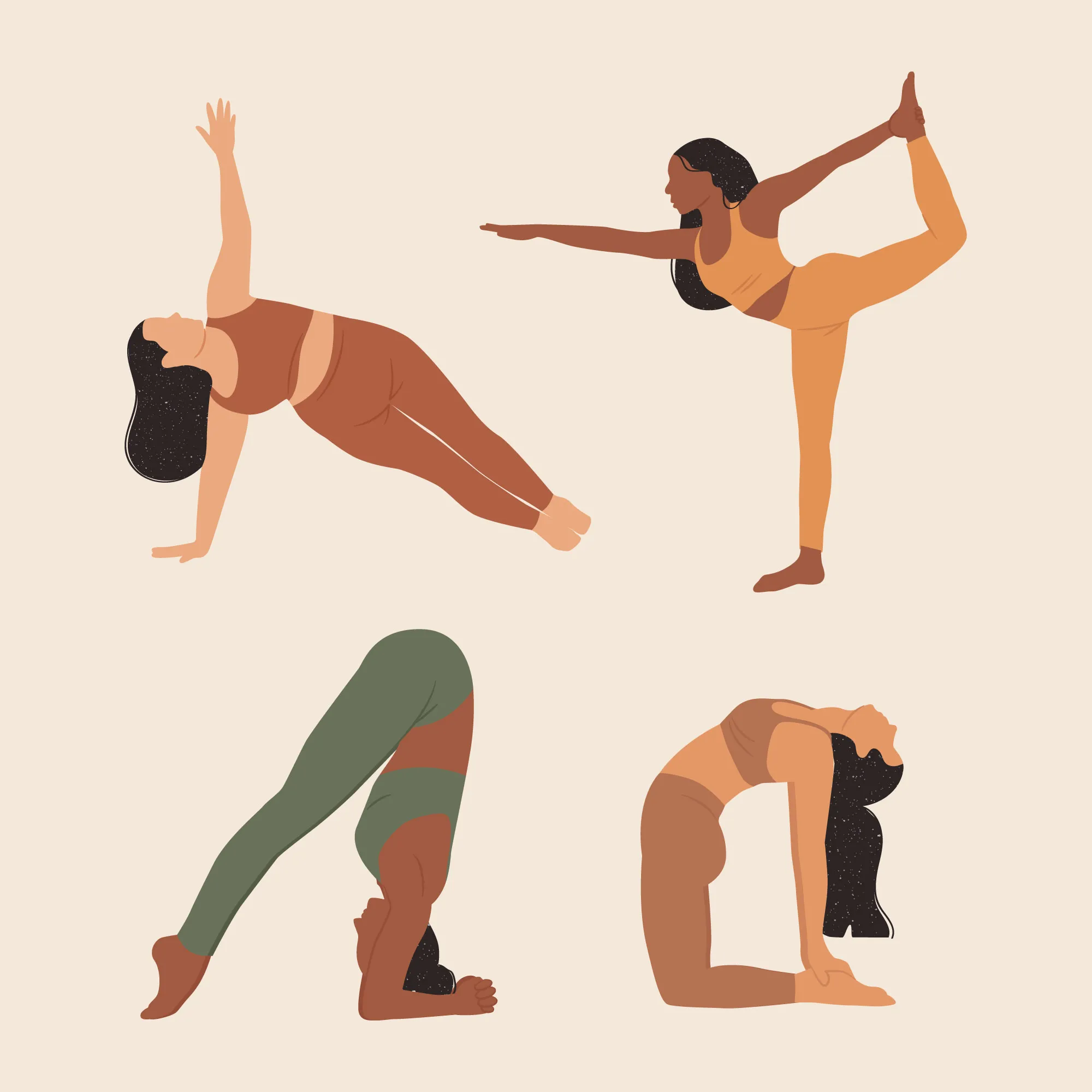 Blog yoga bien-être : Illustration de femmes effectuant différents types de postures de yoga