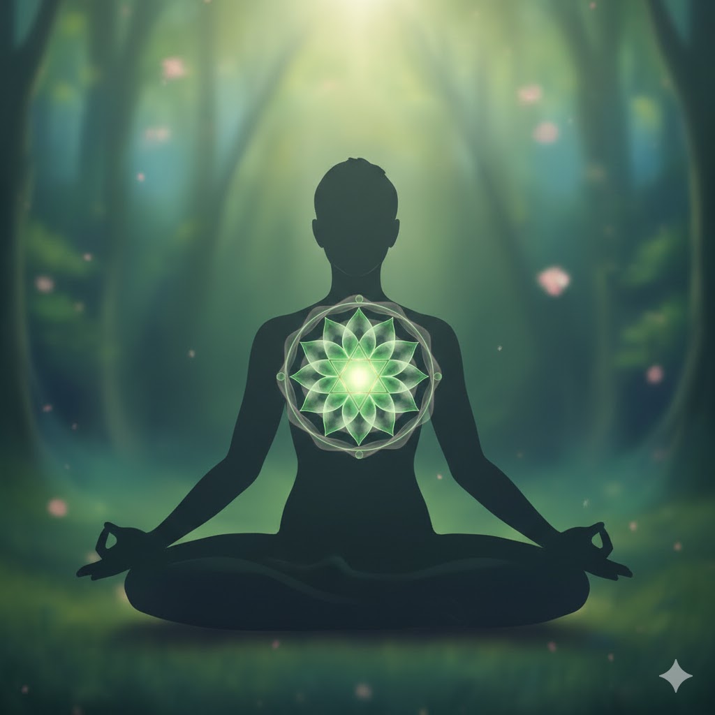 Une silhouette méditant avec le chakra du coeur mis en évidence.