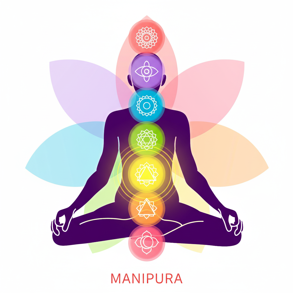 Illustration d’un corps en méditation avec les sept chakras alignés, le chakra Manipura en jaune au niveau du plexus solaire.