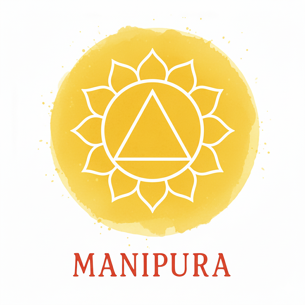 Accueil Symbole du chakra Manipura avec 10 pétales et un triangle pointant vers le bas, sur un fond de tache d'aquarelle jaune