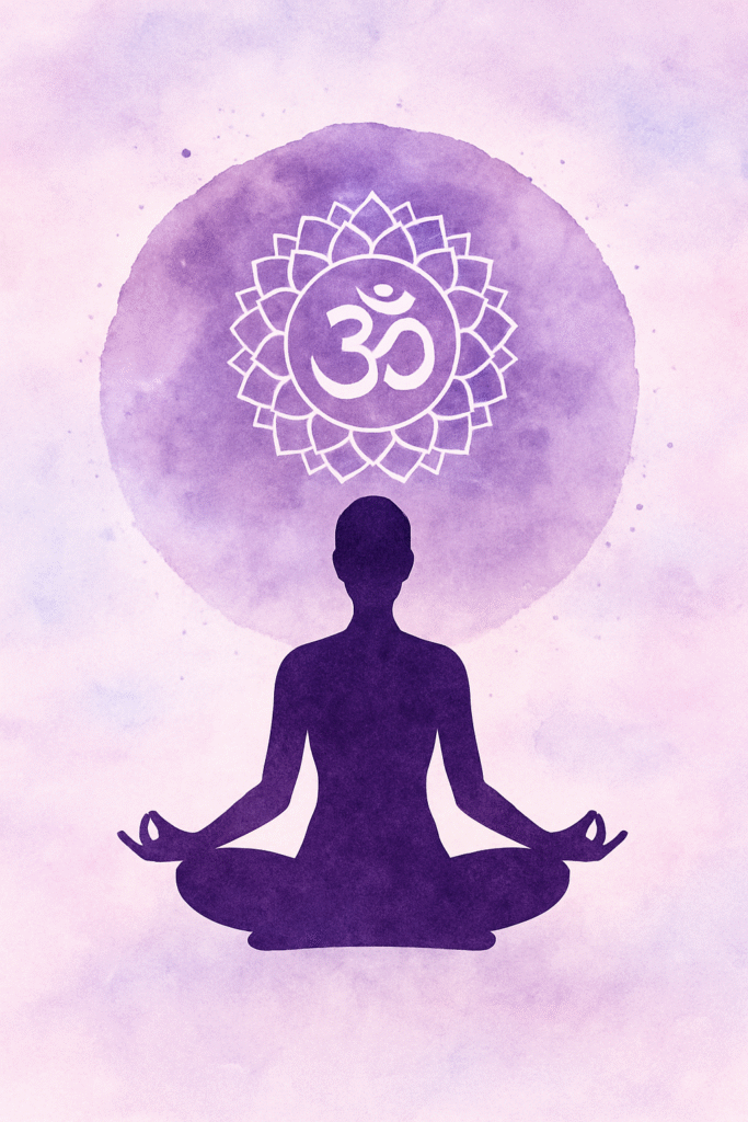 Silhouette en méditation avec le chakra Sahasrara violet lumineux mis en avant sur un fond spirituel et apaisant