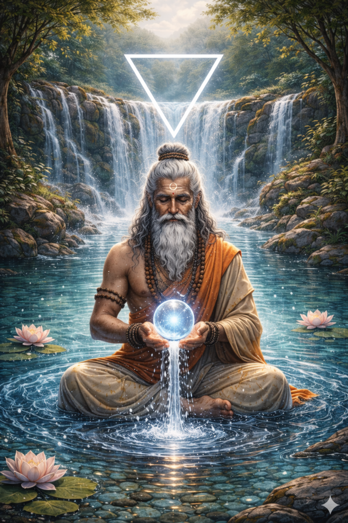 Sage indien en méditation tenant une sphère d’eau lumineuse devant une cascade, symbole de l’élément eau en yoga et de la fluidité intérieure.