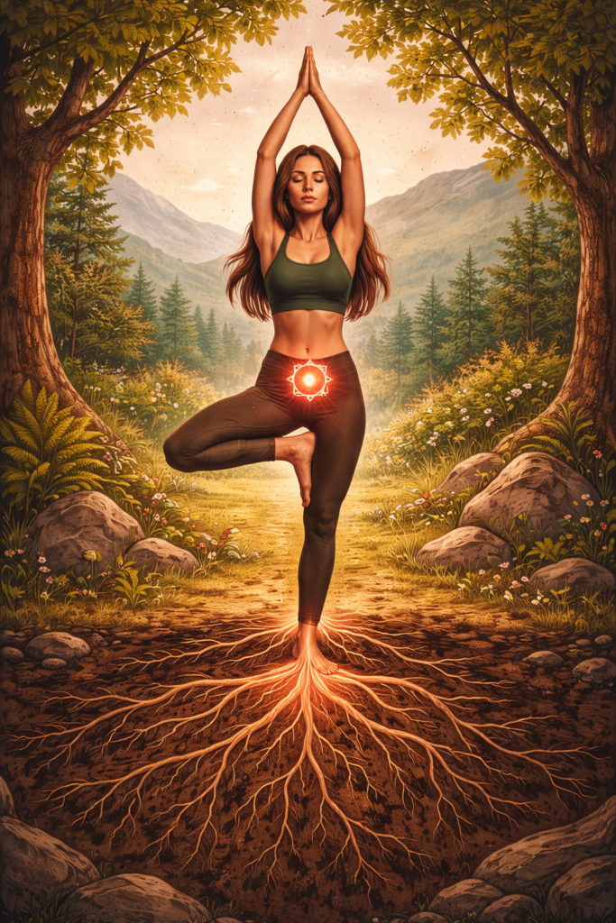 Femme en posture de l’arbre en yoga dans un paysage naturel, avec des racines lumineuses reliant son pied au sol et une lumière au niveau du chakra racine