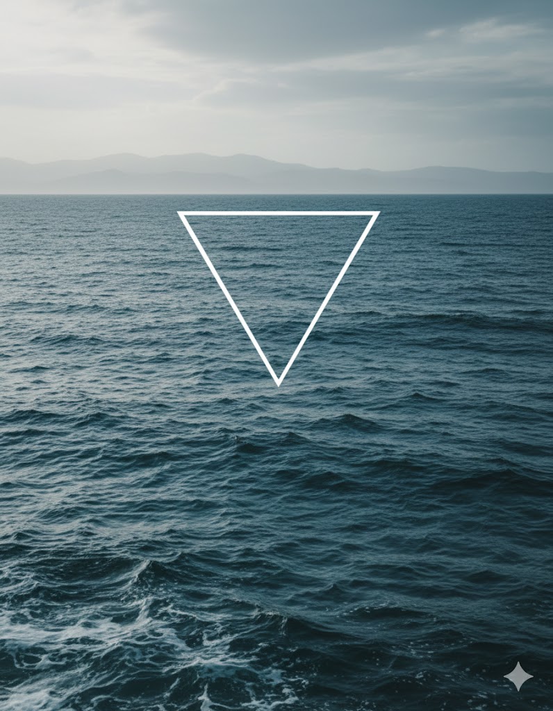 Symbole de l’élément Eau en yoga représenté par un triangle pointe vers le bas sur un paysage d’océan calme et profond