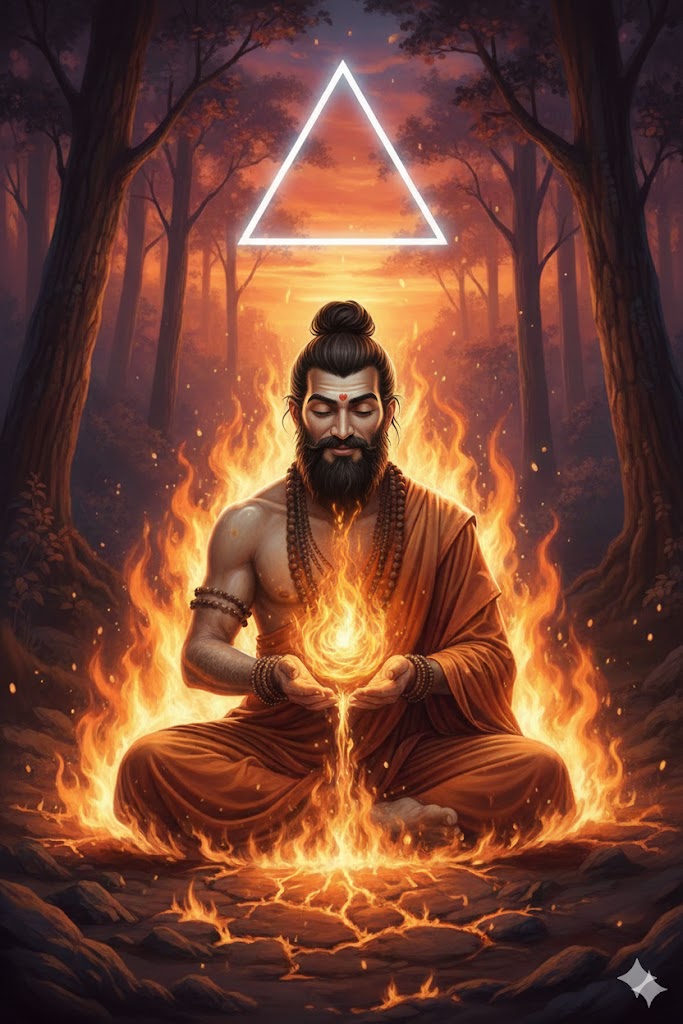 Illustration d'un yogi en méditation entouré de flammes bienveillantes, avec un triangle blanc lumineux au-dessus de sa tête symbolisant l'élément feu Agni.