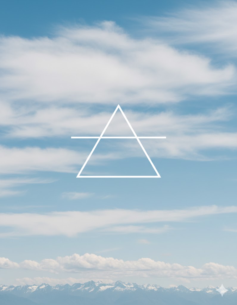 Accueil Symbole de l’élément Air représenté par un triangle avec une ligne horizontale, sur un ciel bleu nuageux.