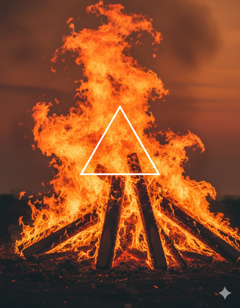 Représentation de l'élément Feu en yoga avec un triangle blanc superposé sur un feu de camp, symbolisant le chakra Manipura.