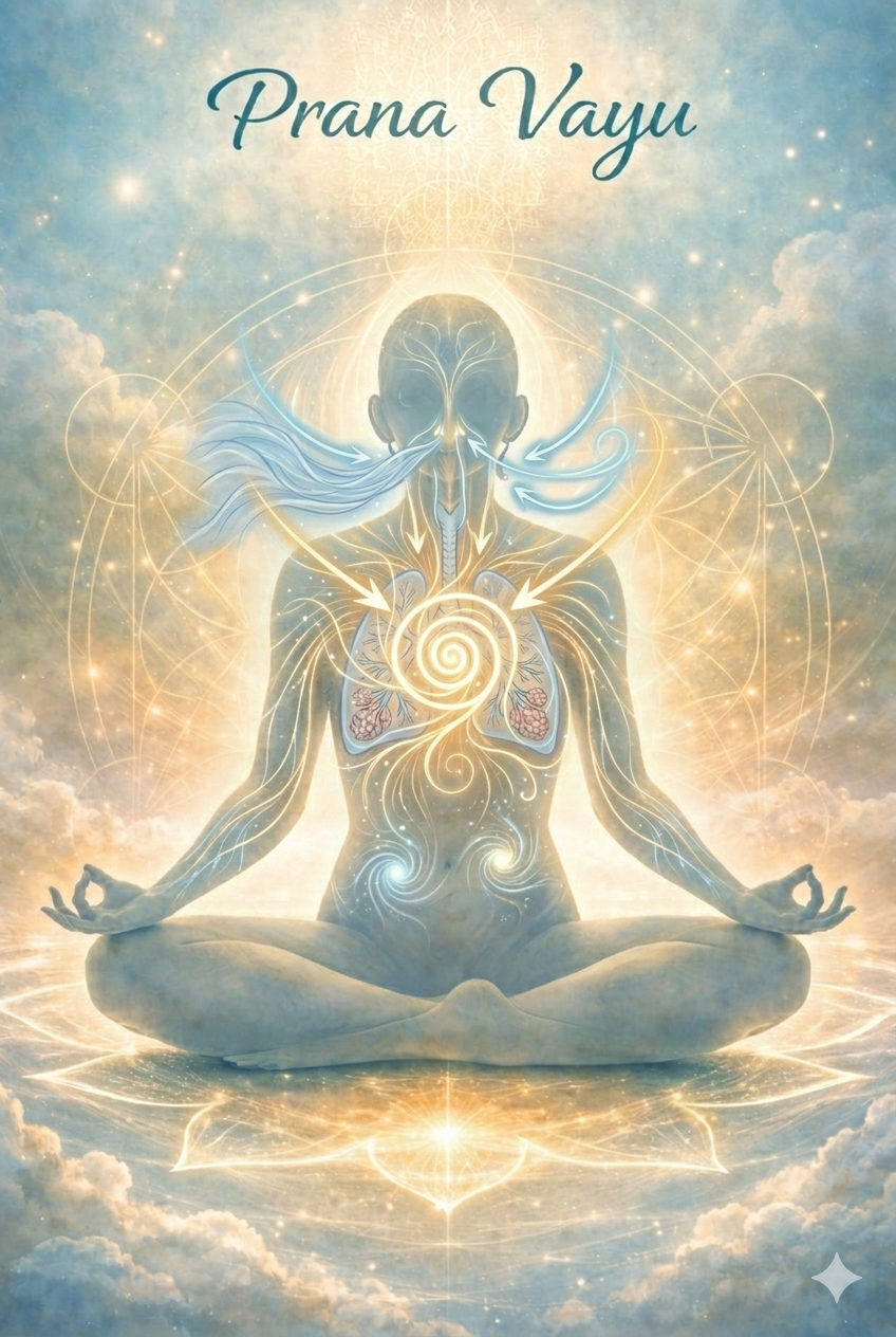 Illustration du Prana Vayu, montrant une figure en méditation avec des flux d'énergie illustrant la circulation du souffle vital vers le cœur et les poumons.