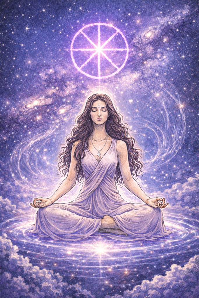 Illustration dessinée d’une femme en méditation dans l’espace avec le symbole de l’élément Éther au-dessus d’elle.