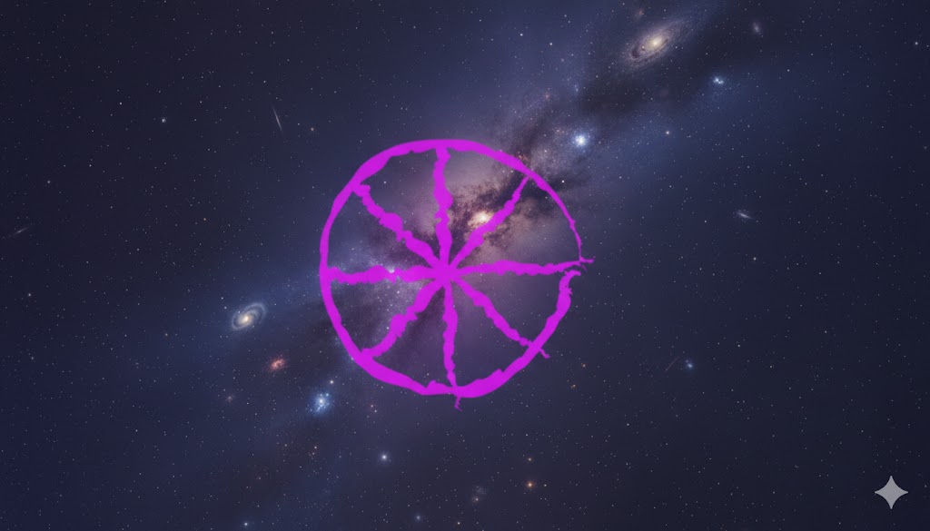 Accueil Symbole de l’élément Éther en yoga sur un fond d’univers étoilé et de galaxies.