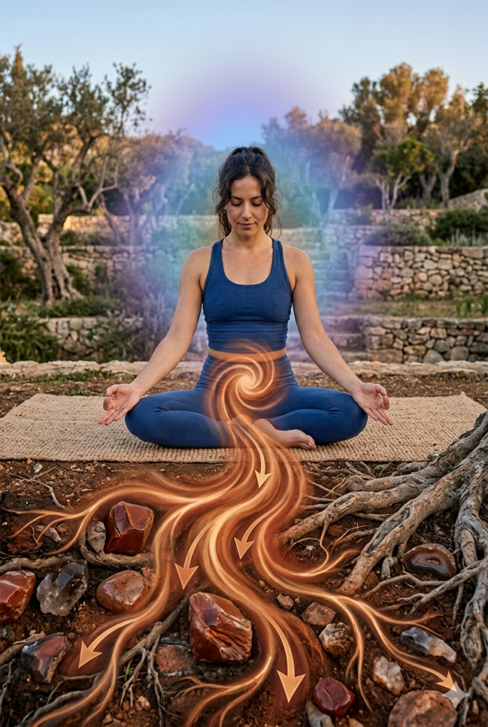 Femme en méditation illustrant Apana Vayu avec un flux d'énergie orange descendant du ventre vers les racines de la terre.