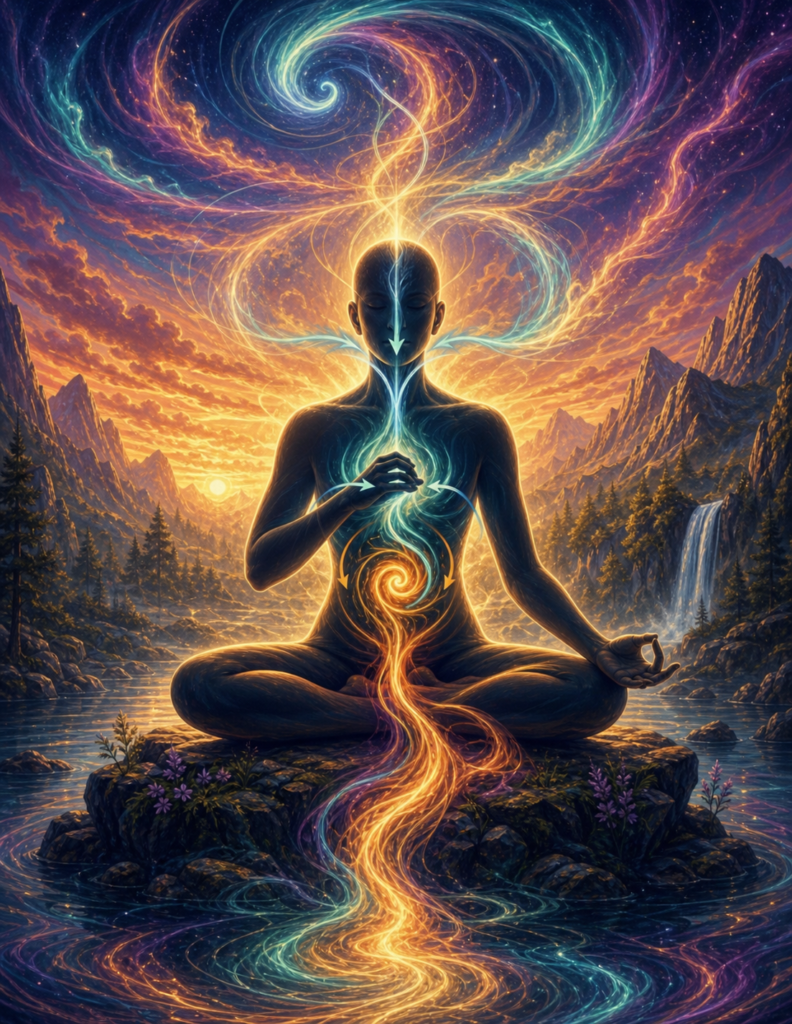 Illustration énergétique de Samana Vayu montrant une silhouette en méditation avec des flux lumineux convergeant vers le ventre et le plexus solaire.