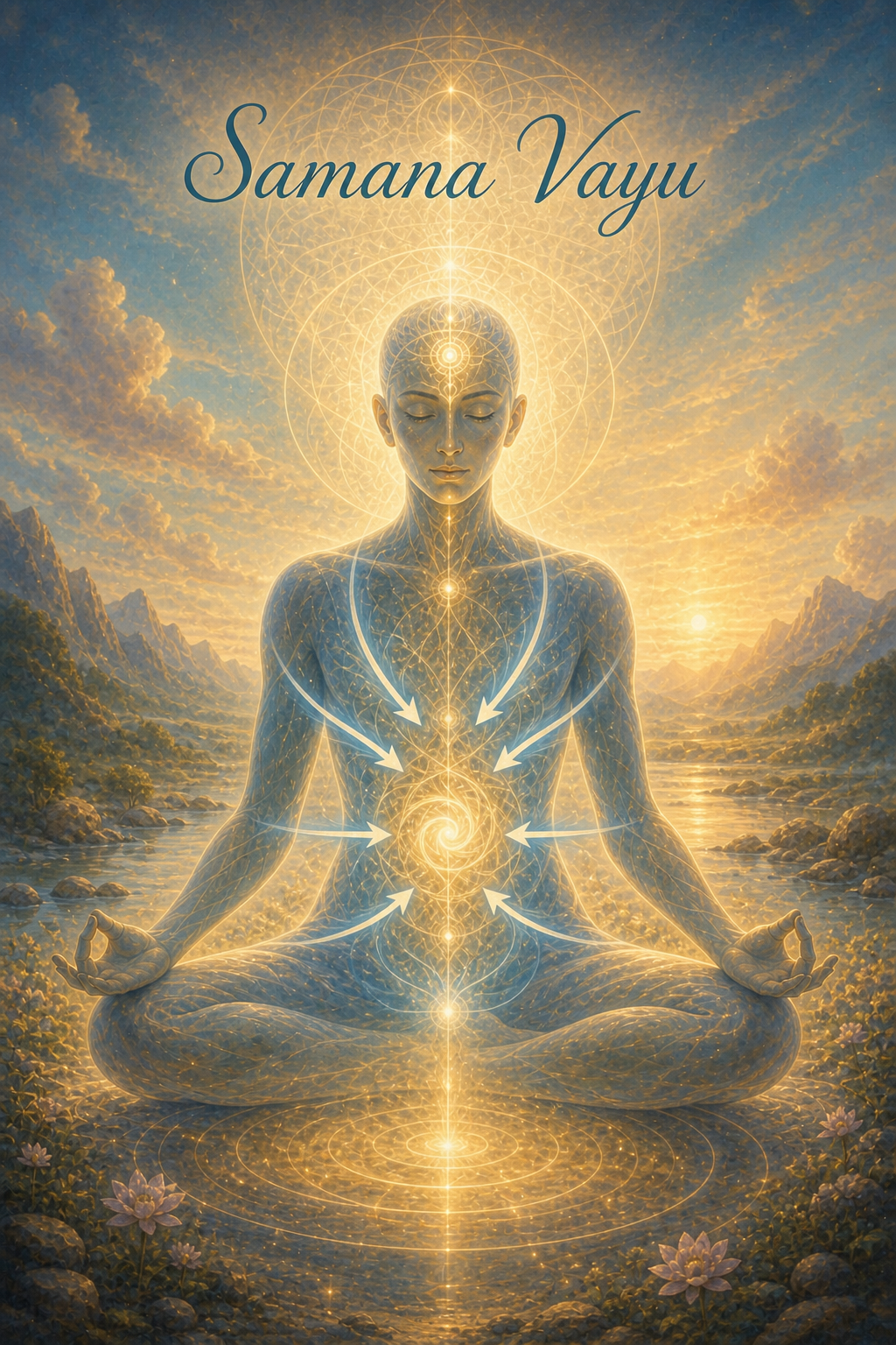 Illustration spirituelle de Samana Vayu représentant une silhouette méditative avec l’énergie convergeant vers le centre du ventre et le chakra du plexus solaire.
