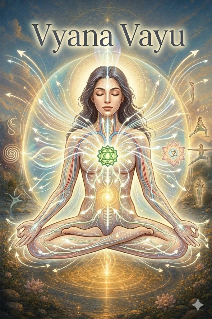 Illustration de Vyana Vayu montrant une femme en méditation avec des flux d'énergie se diffusant du centre du corps vers l'extérieur.